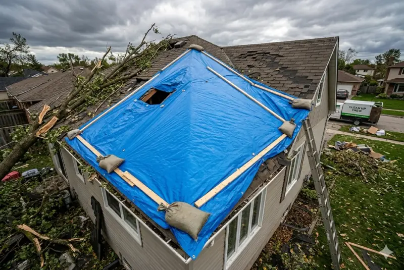 Emergency roof repair on a storm-damaged home in Northwestern Ontario