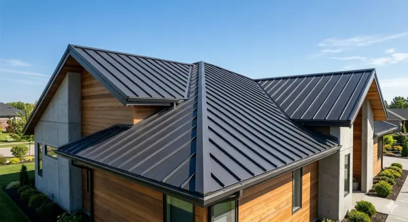 Home with a dark standing seam metal roof built for Northwestern Ontario winters